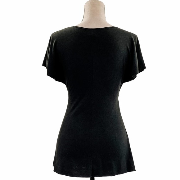 KRESS Collection Solid Black Short Sleeve V-Neck Braided Belted Waist Blouse - Picture 2 of 11